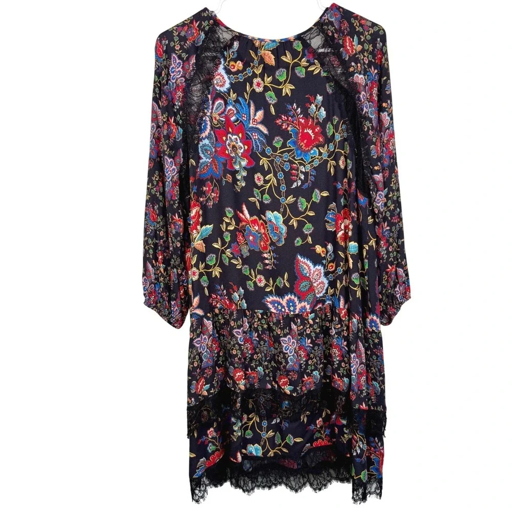Alice + Olivia Lakita Floral Lace Trim Boho‎ Dress Black Multicolor Tiered Large - Picture 6 of 16